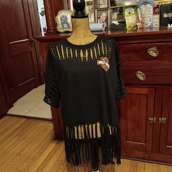 NWOT Handmade Chitown Harley-Davidson Black Cut-Out Short Sleeve Fringe Top - Picture 2 of 5